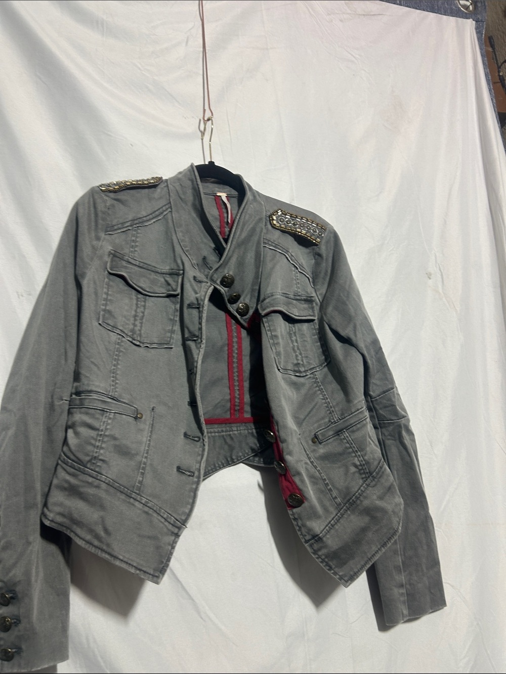 Free People Gray Military-Style Jacket with Red Trim